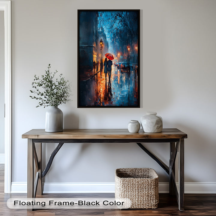 Lovers in the Rain – Romantic Night Street Oil Painting