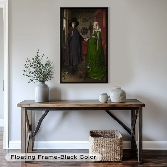 Displayed behind the historical oil painting art piece featuring a wealthy couple, the subtle room setting is visible, enhancing the portrait's depth and character.