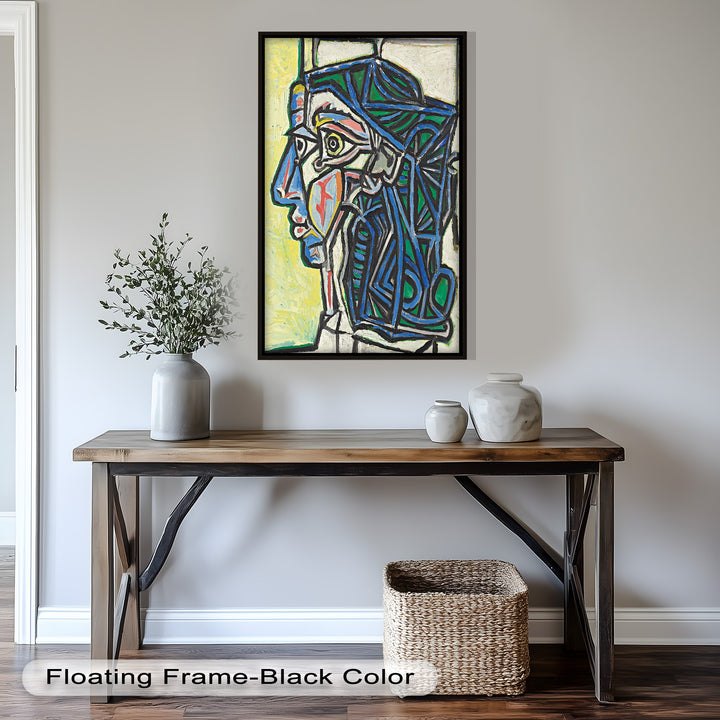 Angular Gaze – Geometric Portrait with Blue and Green Lines Picasso Oil Painting