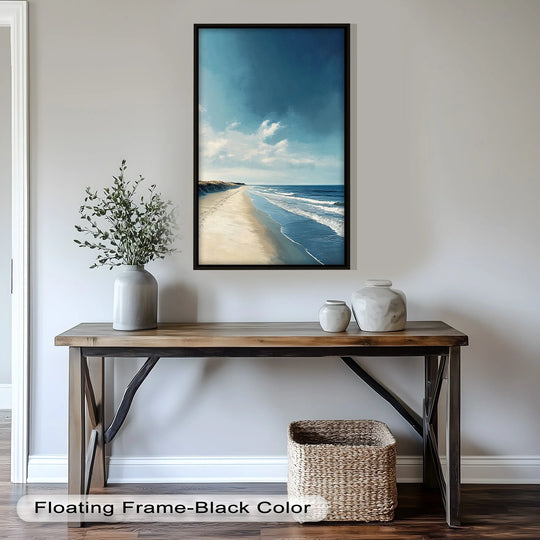 Rolling tides and billowing clouds capture the mesmerizing sense of movement within this tranquil shoreline abstract oil painting art piece, creating a dynamic coastal view.