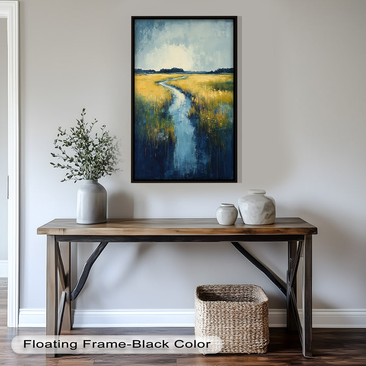 Golden Fields and Blue Stream – Contemporary Landscape Oil Painting