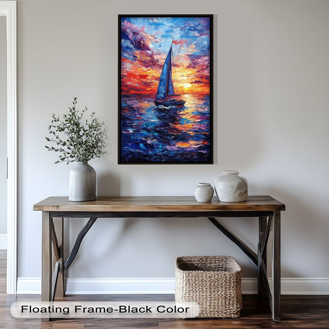 Crimson Horizon – Sunset Voyage Boat Oil Painting