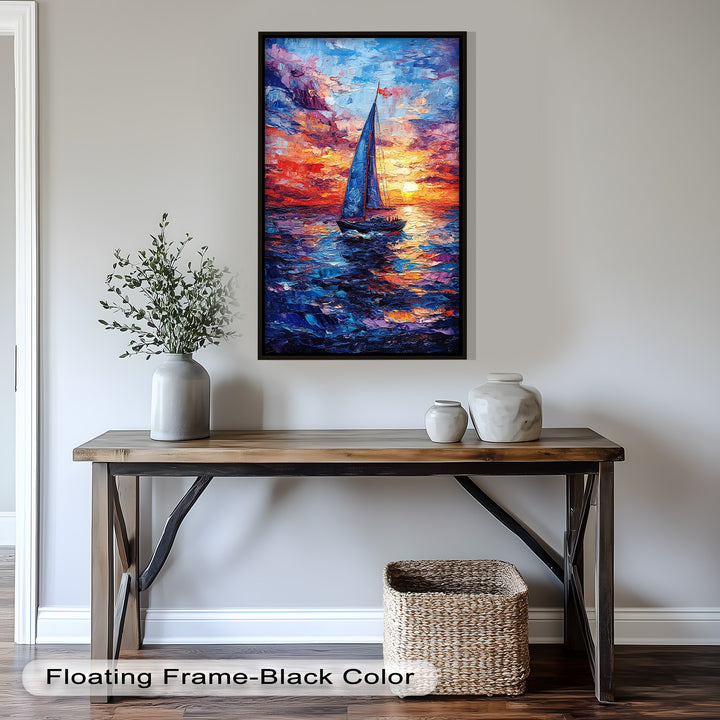Crimson Horizon – Sunset Voyage Boat Oil Painting