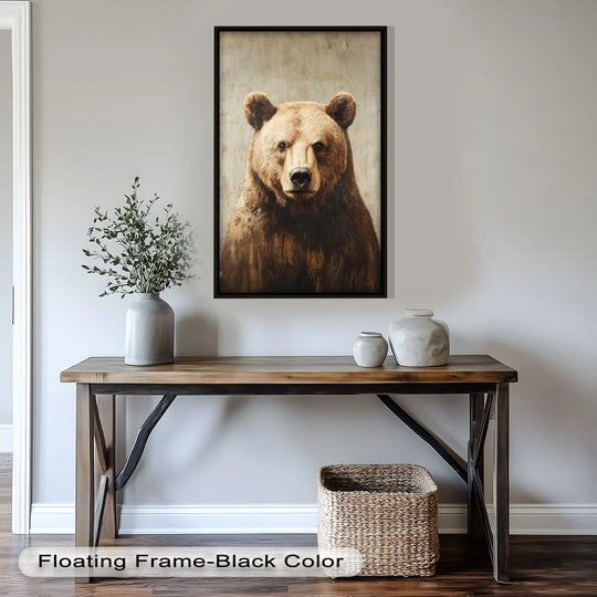 A captivating mood emanates from the brown bear portrait, a striking oil painting reproduction print that brings a touch of wildlife's gentle power to the space.