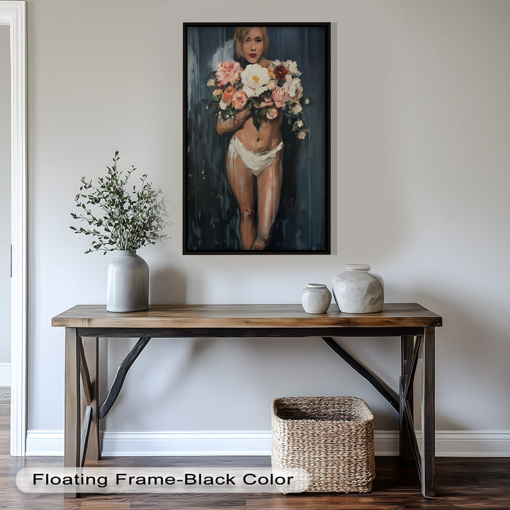 Floral Embrace – Abstract Nude with Blooming Bouquet Oil Painting