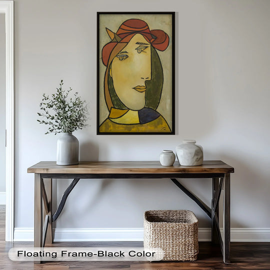 Displaying subdued color saturation, the minimalist 'Melancholy in Red Hat' oil painting art piece features a Picasso-inspired portrait with a restrained yet artistic palette.