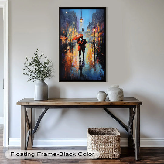 Featuring the edge and borders of a framed Midnight in Paris oil painting reproduction print depicting a romantic couple under an umbrella, adding a classic artistic touch.