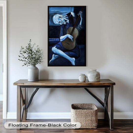 Ample negative space surrounds the subject of this melancholy strings oil painting, emphasizing the guitarist's solitude in this expressive oil painting art prints.