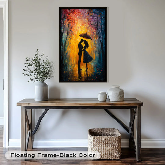 Negative space surrounds a silhouetted couple beneath an umbrella in this 'Lovers Under Autumn Glow' oil painting reproduction print, enhancing the artwork's romantic mood.
