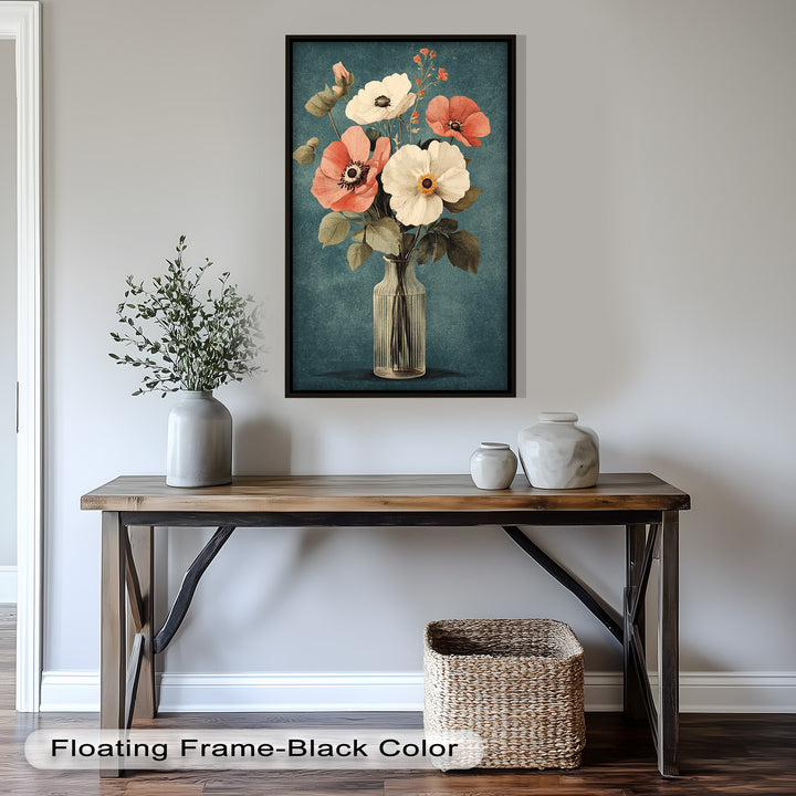 Vintage Mohnblumen in Glasvase – Romantisches Blumenölgemälde