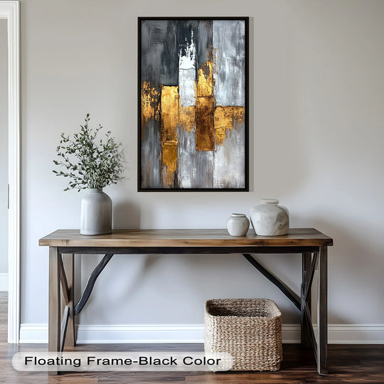 Bold gold in this abstract geometric oil painting creates a stunning focal point, showcasing a contemporary oil painting decoration.