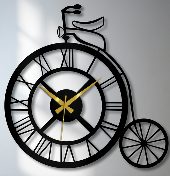 Focusing on the focal point, the black vintage bicycle decorative metal art features a clock face with Roman numerals and gold hands, adding a retro touch.