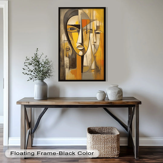 Painted in warm shades of grey, the background provides a neutral tone to showcase the Amber Contours oil painting reproduction print of an abstract portrait.