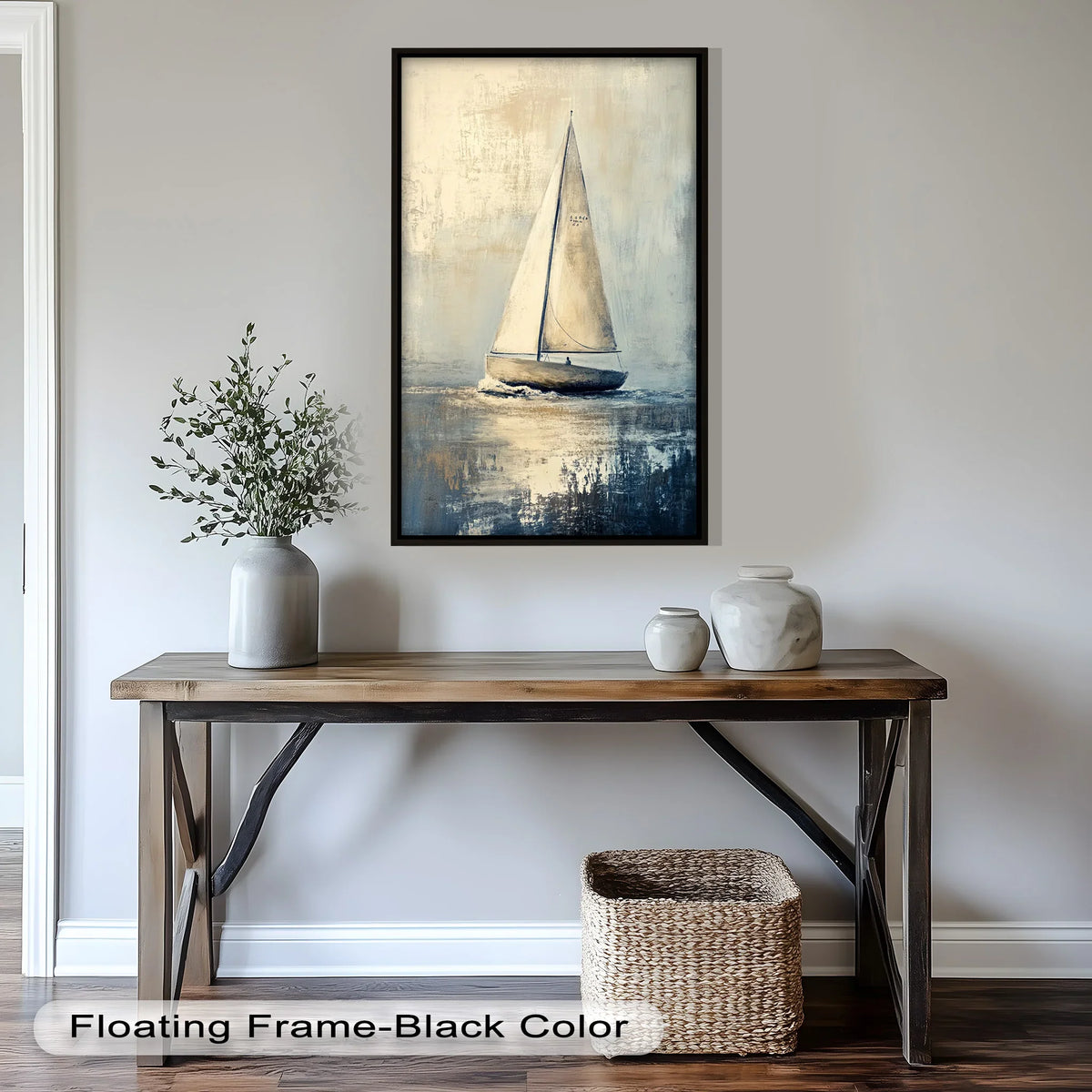 With muted color saturation, this golden sail minimalist boat at sea oil painting art piece features a sailboat reflected in calm waters.