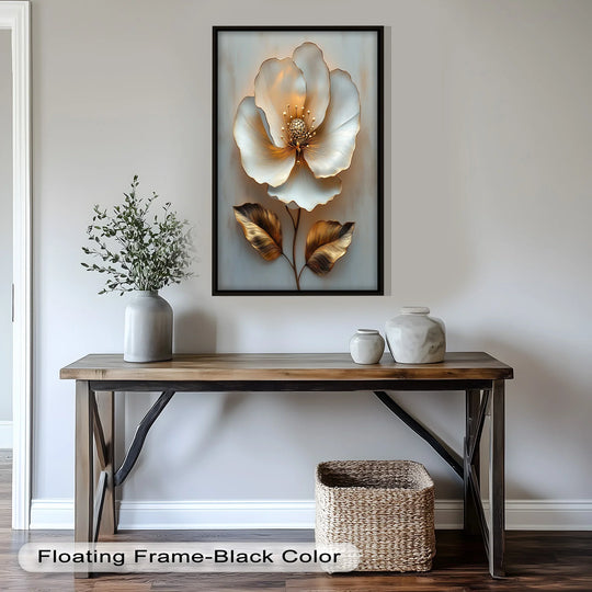 Foreground detail features a rustic wooden console table with a vase and golden bloom oil painting home decor, set against a softly lit wall.