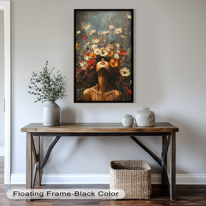 Floral Rebirth – Woman with Blossoming Crown Abstract Oil Painting