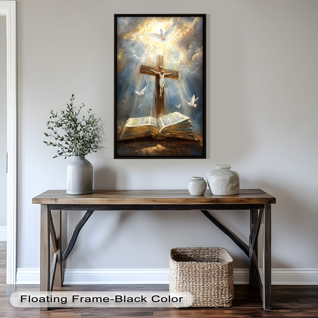 Jesus on the Cross with Open Bible and Doves - Oil Painting