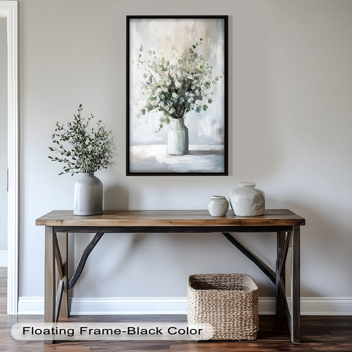 Eucalyptus Essence – Minimalist Greenery in Ceramic Vase Oil Painting