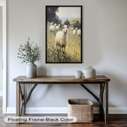 Displaying the realistic detail, a pastoral oil painting art prints of sheep in a spring meadow captures the serene countryside with finely rendered wildflowers and gentle livestock.