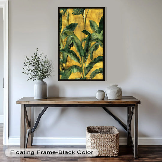 Reflecting the mood of serenity and warmth, this Golden Banana Leaf tropical botanical oil painting art piece evokes a sense of lush, gilded elegance.