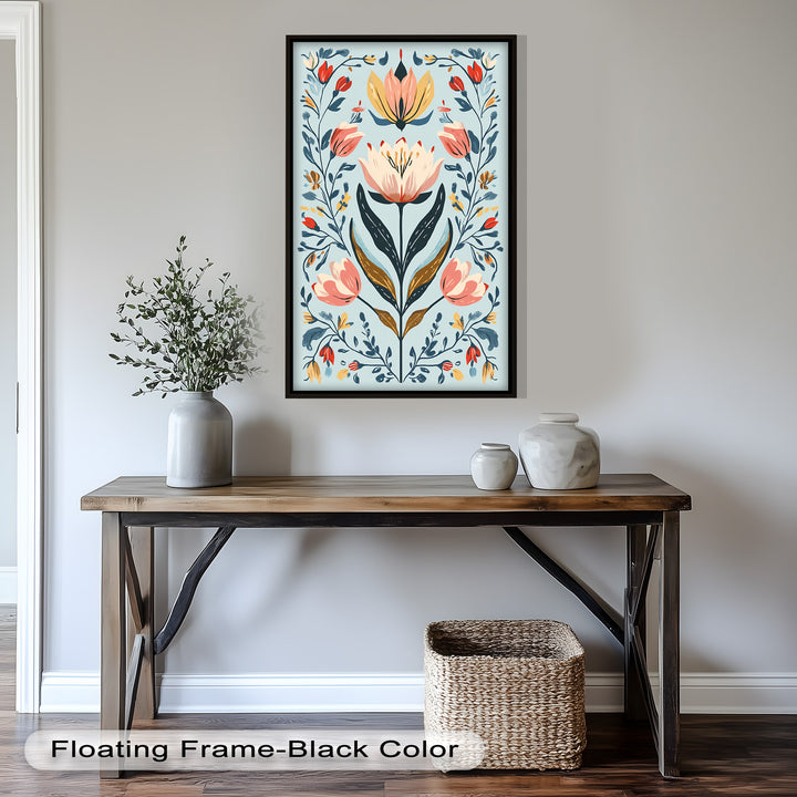Folk-inspirierte Tulpenharmonie – Boho-Blumenölgemälde