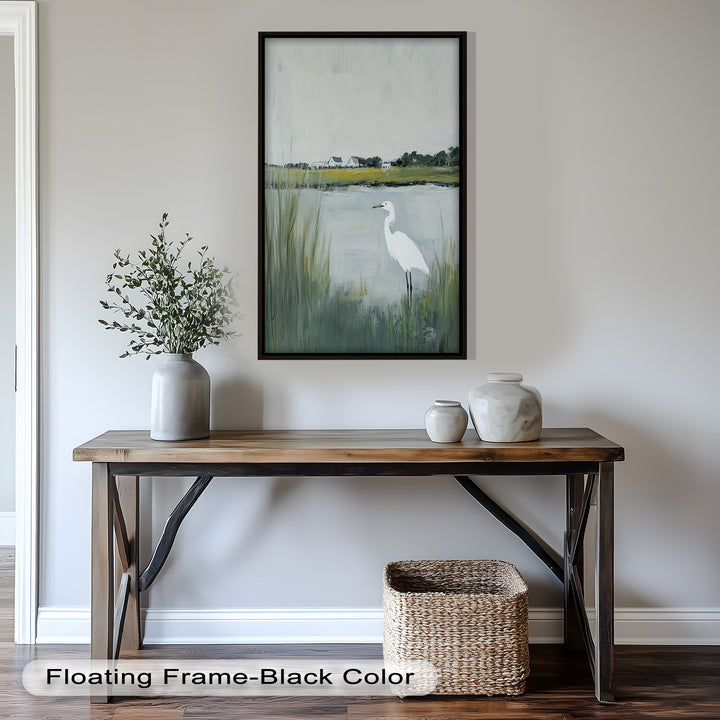 Egret by the Marsh – Minimalist Landscape Oil Painting
