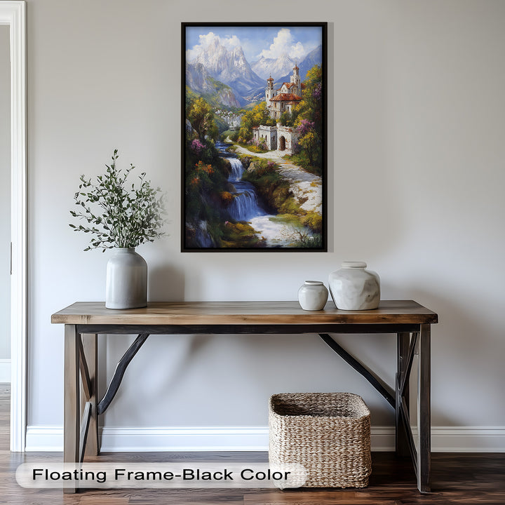 Mountain Abbey by the Falls – Serene Renaissance Oil Painting