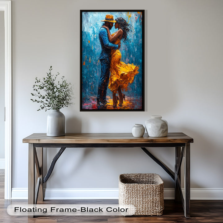 Midnight Embrace – Vibrant Couple in Yellow Dress Oil Painting