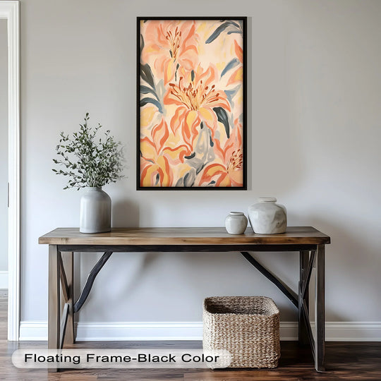 Featuring a sleek, black floating frame edge, this sunlit lilies abstract oil painting enhances the oil painting home decor with its vibrant coral hues and floral design.