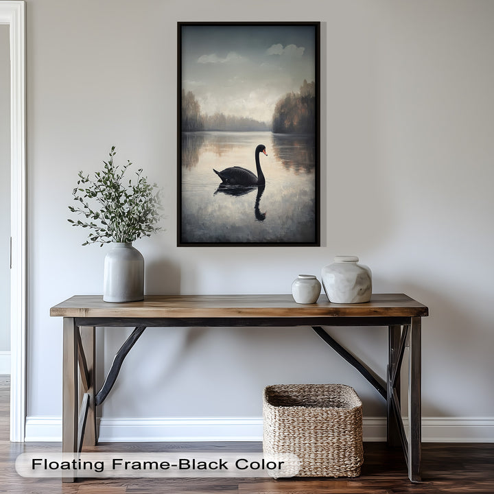 Black Swan at Dusk – Lake Scene Oil Painting