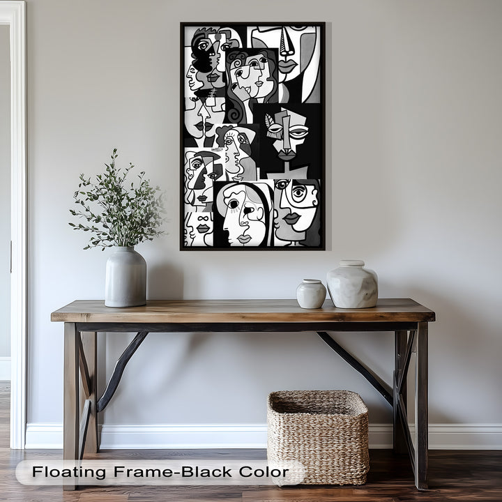 Monochrome Muse – Picasso-inspiriertes Ölgemälde mit kubistischen Gesichtern