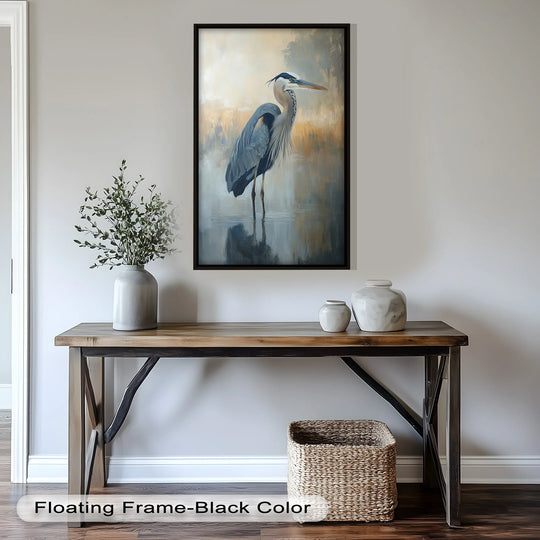 Ethereal blues and browns define this framed oil painting art prints depicting a heron standing peacefully in a misty marshland scene.