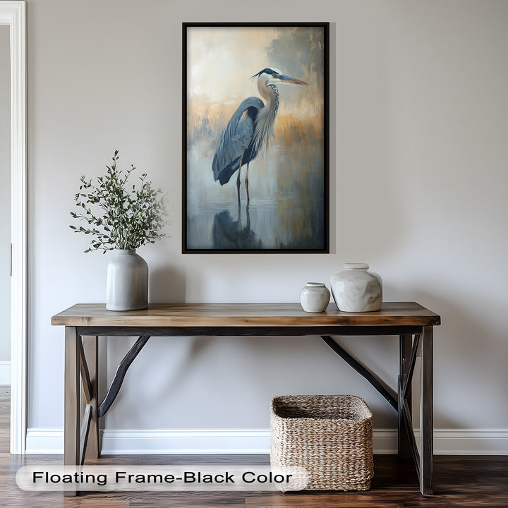 Heron in Misty Marshland - Framed Oil Painting
