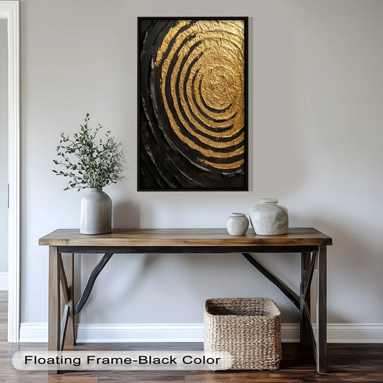 The stillness of the golden ripple radiance abstract oil painting artwork emanates from the textured rings in a luxurious dance of black and gold.