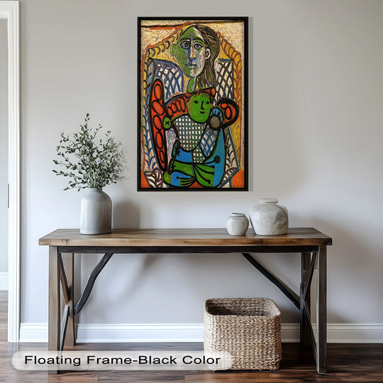 Subtle depth and layers are visible in this vibrant Green Embrace, a Picasso inspired oil painting art piece depicting a mother and child in a modern abstract style.