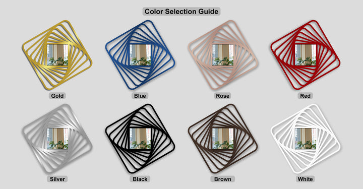 The loudest element in this color selection guide features a decorative metal art twisted spiral square floor mirror with dynamic lines in various metallic and neutral frame colors.
