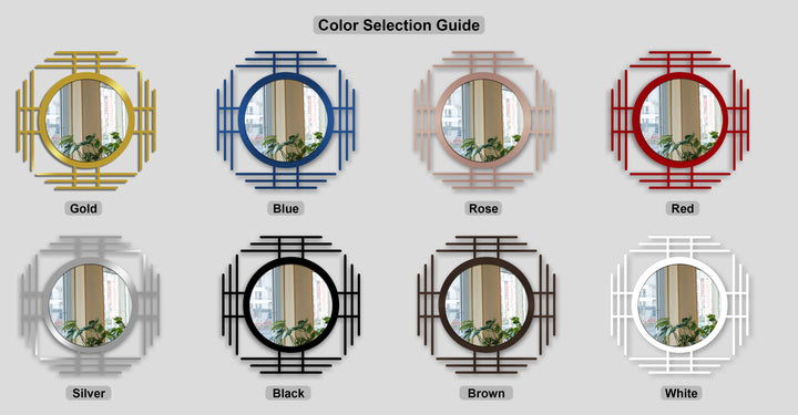 Varied color temperatures are presented across eight decorative metal art floor mirror designs ranging from warm gold and rose to cool blue and silver.