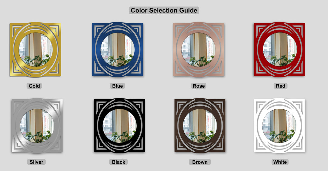 In the stillness, this assortment of square mirrors reflect a unique metal wall art design with a layered circular pattern.