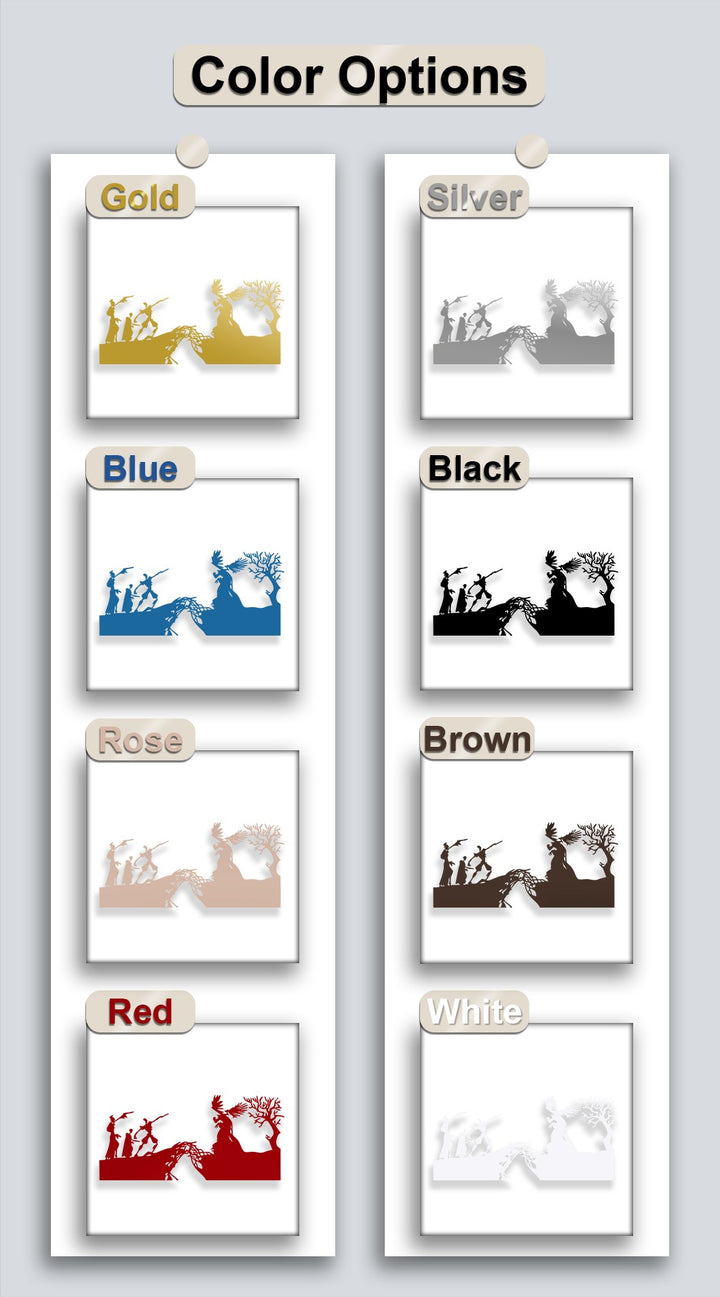 The darkest area reveals striking black and brown unique metal wall art depicting a dramatic mythological creation scene.