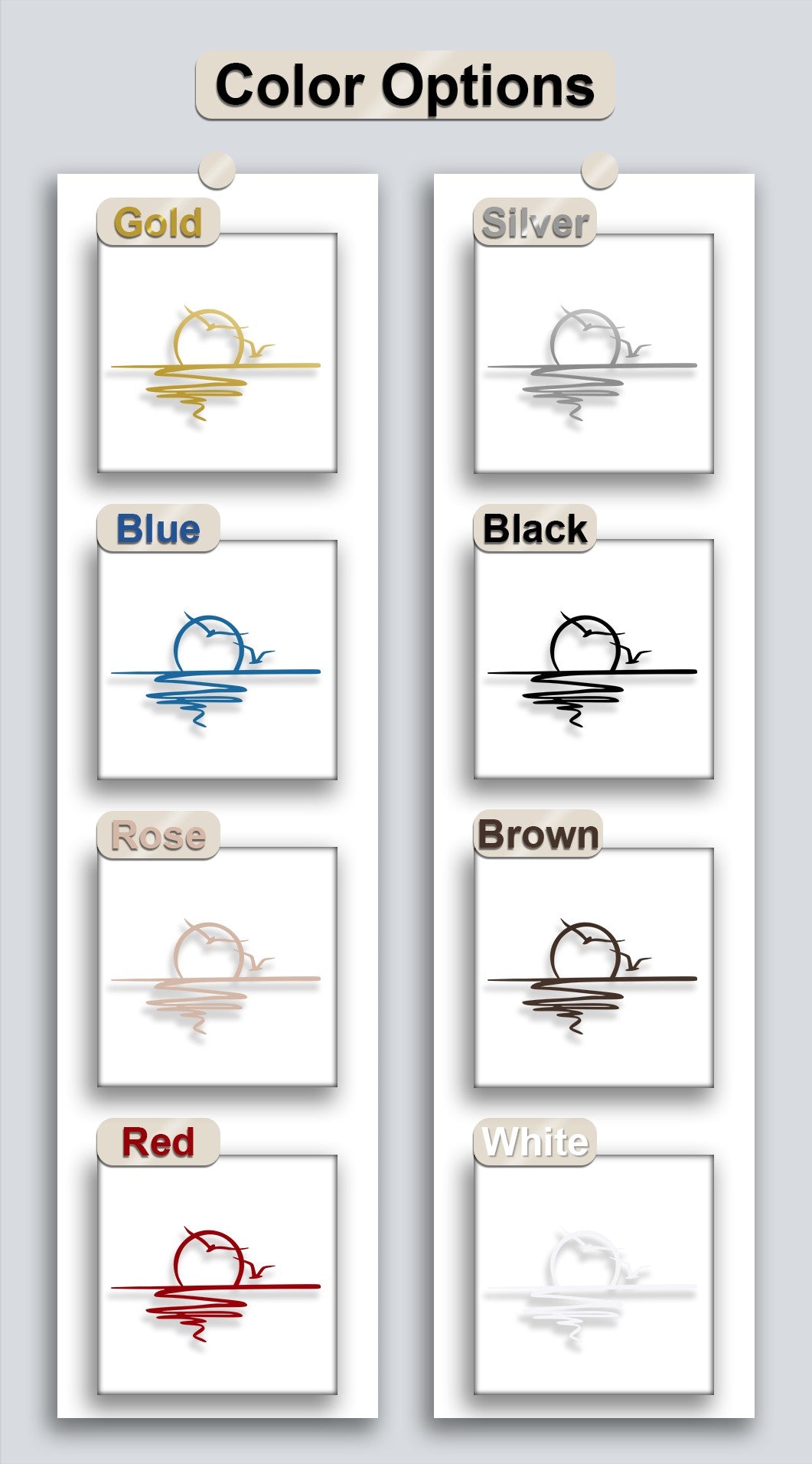 The layered presentation highlights eight color options for minimalist sunset birds metal art for wall, each with a subtle raised shadow.