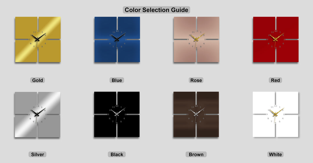 Featuring diverse finishes, from reflective gold to matte black, for the unique metal wall art clock in a modern 4-piece design.