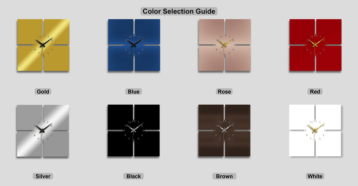 Featuring diverse finishes, from reflective gold to matte black, for the unique metal wall art clock in a modern 4-piece design.