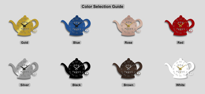 The stillness of eight metal wall decor teapot clocks, each with Roman numerals and 'TEA PARTY' text, presented in a spectrum of colors.