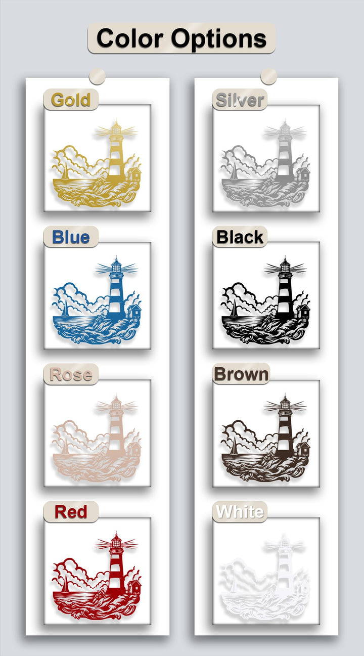 The sharp, intricate edges of eight varied metal artwork lighthouse scenes are showcased on softly bordered white display panels.