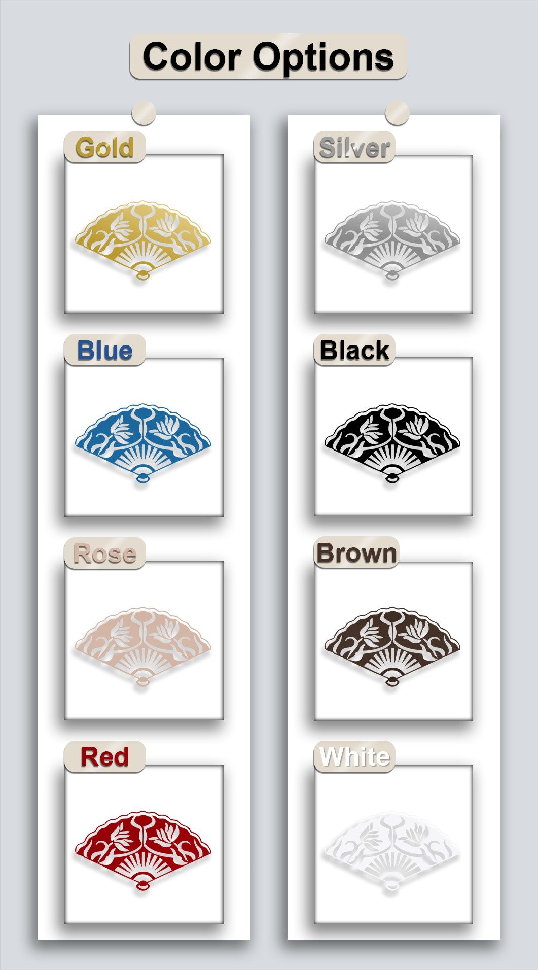 The pristine white oriental folding fan, a luminous unique metal wall art piece, features delicate floral and sun motifs.