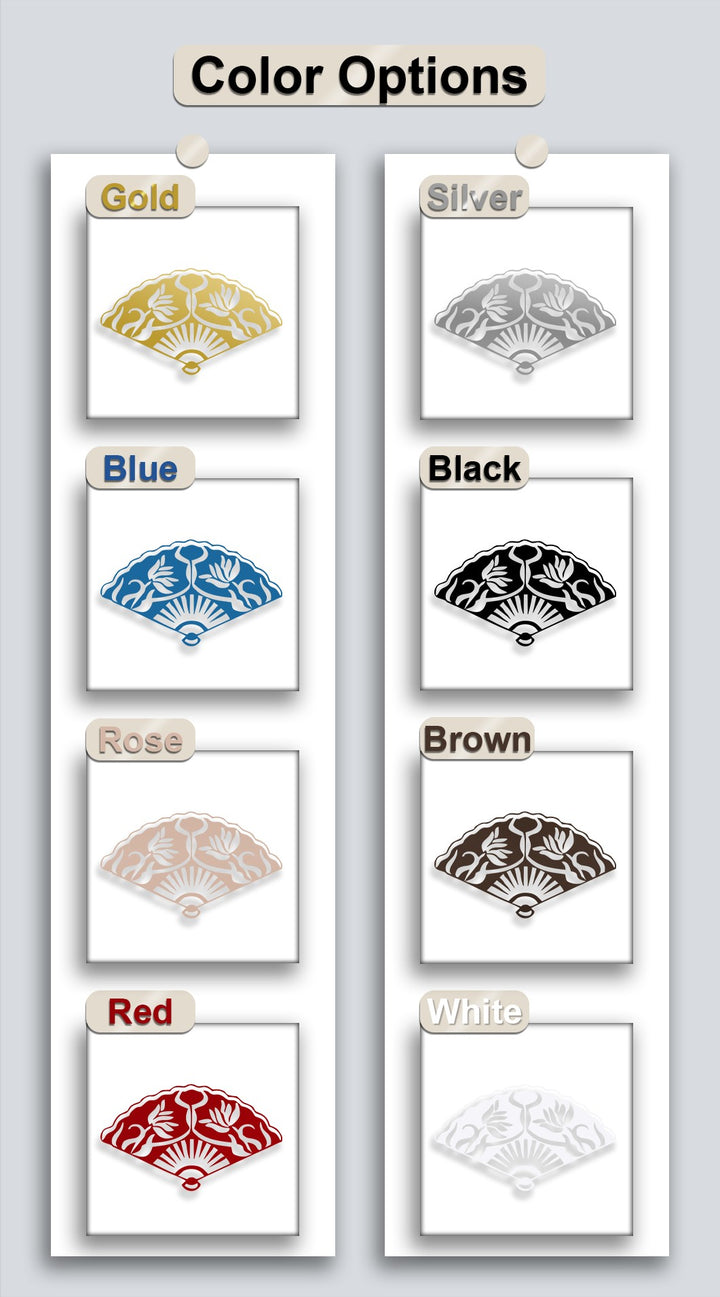 The pristine white oriental folding fan, a luminous unique metal wall art piece, features delicate floral and sun motifs.