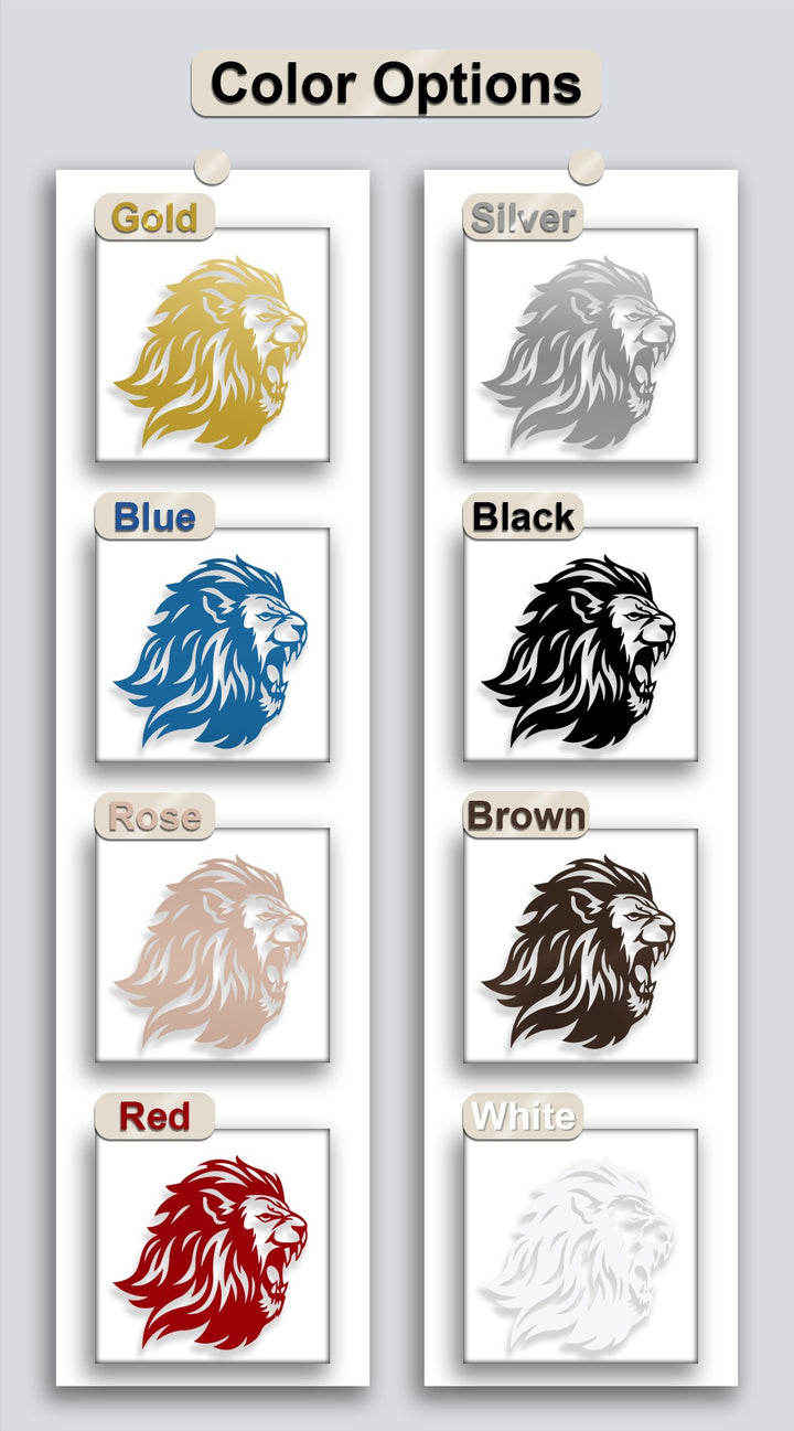 The focal point of this bold decorative metal art highlights eight distinct roaring lion head color options including gold, silver, and red.