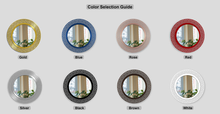 The repeating geometric Greek key pattern on these modern wall mirrors creates a dynamic sense of flowing movement across the diverse color frames.
