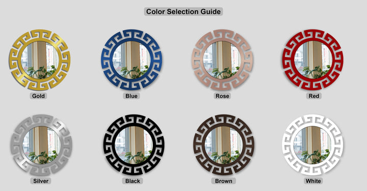 Various finishes of Greek key round bathroom mirror frames include gold, blue, rose, red, silver, black, brown, and white options.