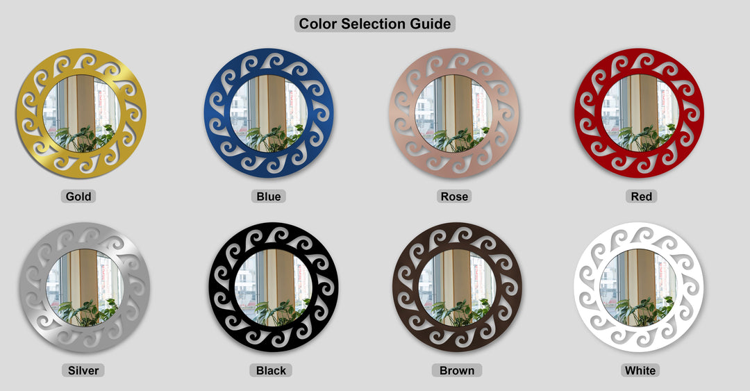 The color saturation of eight ornate scroll framed stained glass wall mirrors, showing vibrant shades from gold to white.